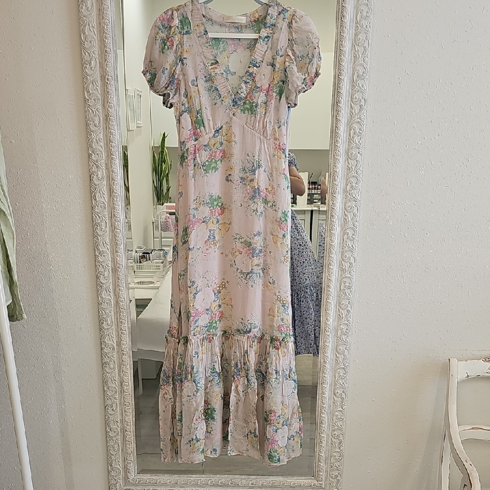 LoveShackFancy Pink and Green Ruffled Tiered Maxi Dress - Size Tag Is Missing